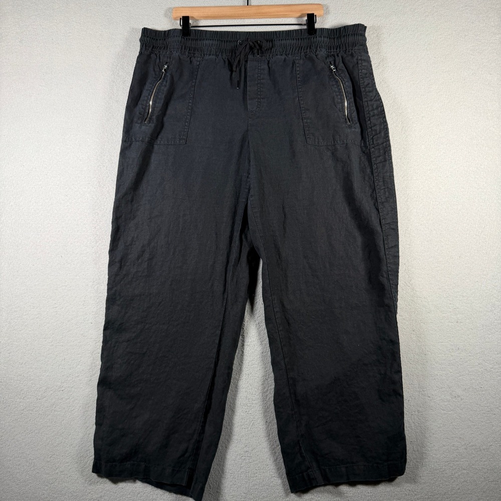 Athleta Cabo Linen Wide Leg Pants Black Size 18 Drawstring Zip Pockets 447244-03
